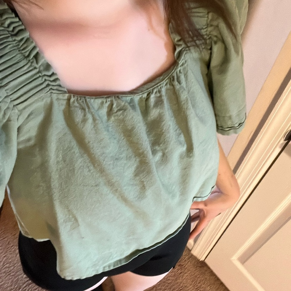 Ruffled Wide-Sleeve Sage Green Cropped Top Linen